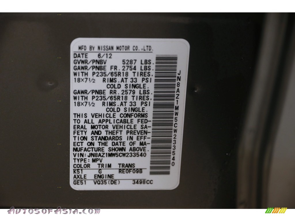 2012 Murano SV AWD - Platinum Graphite / Black photo #37