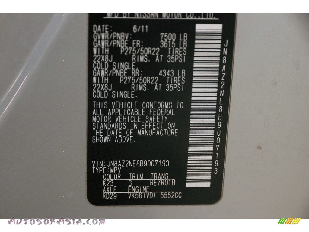 2011 QX 56 4WD - Liquid Platinum / Graphite photo #42
