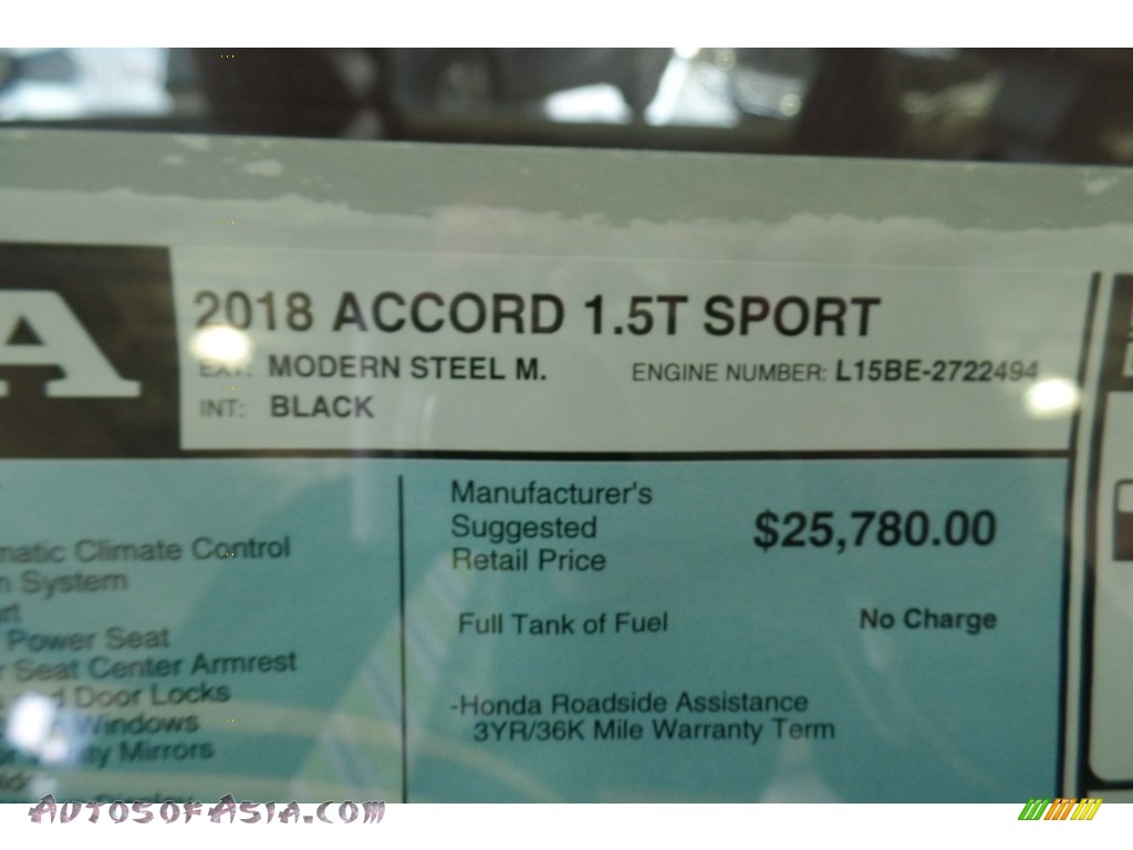 2018 Accord Sport Sedan - Modern Steel Metallic / Black photo #15