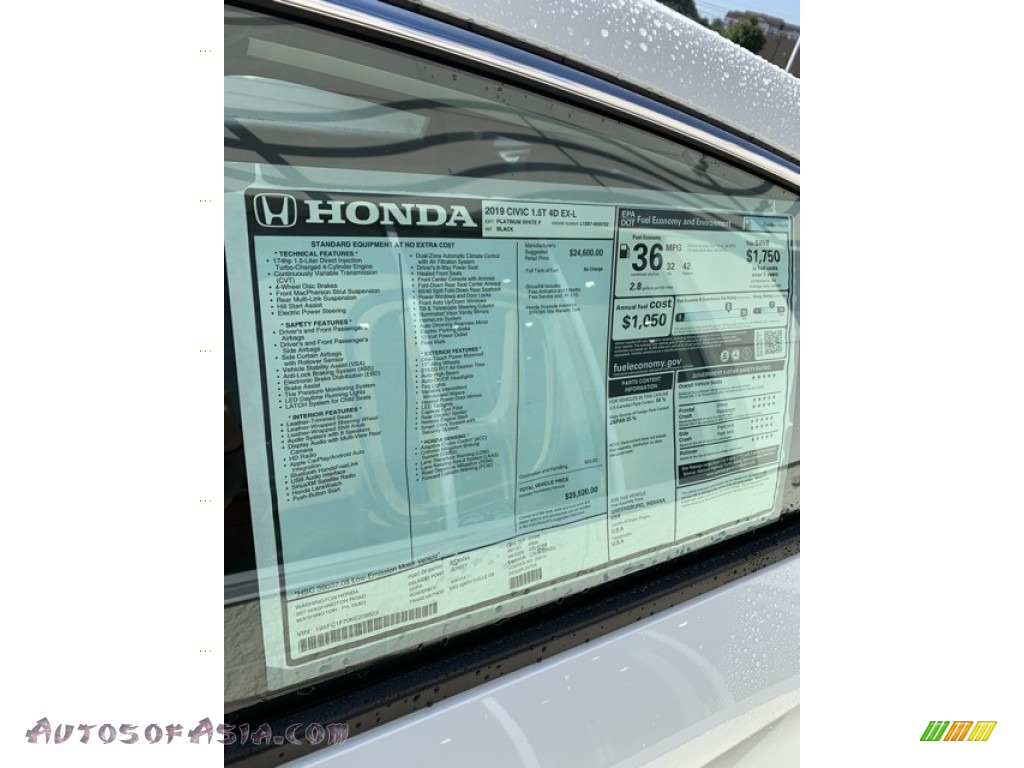 2019 Civic EX-L Sedan - Platinum White Pearl / Black photo #15